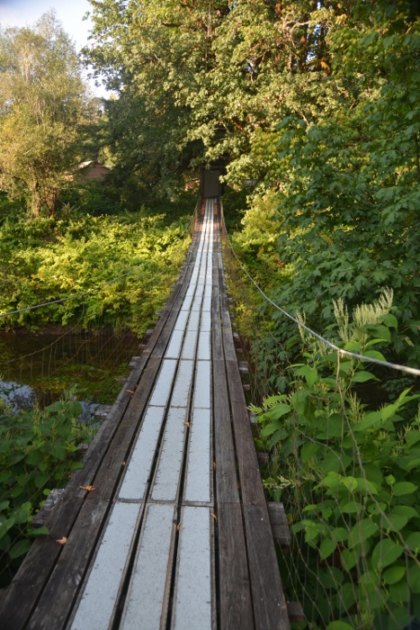 narrow swinging bridge over creek